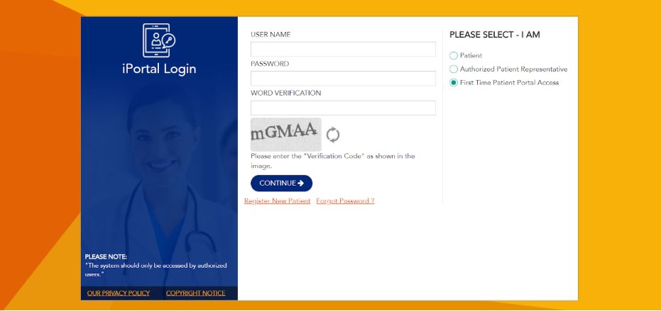 First Time Patient Portal Registration screen