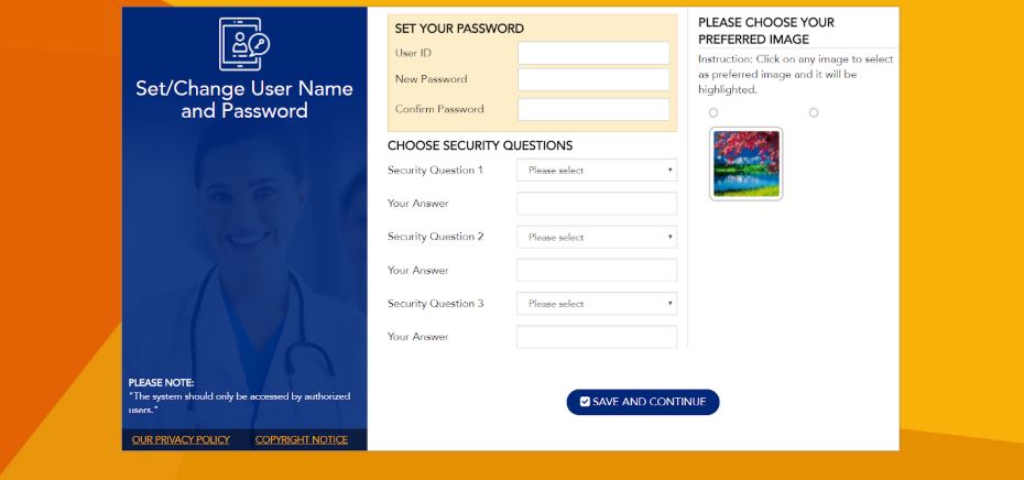 Patient Portal registration for password, security questions and image